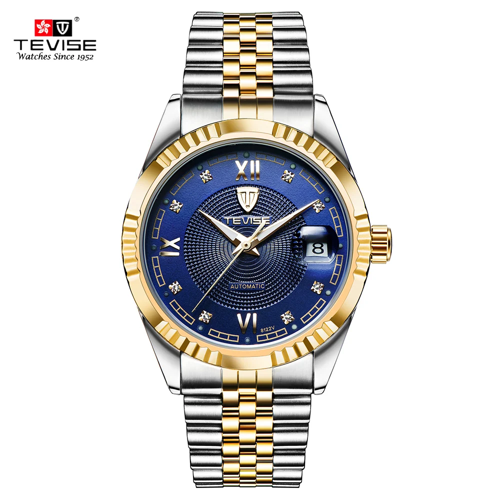 TEVISE полуавтоматическая часы Для мужчин модные Водонепроницаемый механические часы Для мужчин s Скелет наручные часы Бизнес Для Мужчин's Наручные часы - Цвет: Gold Blue