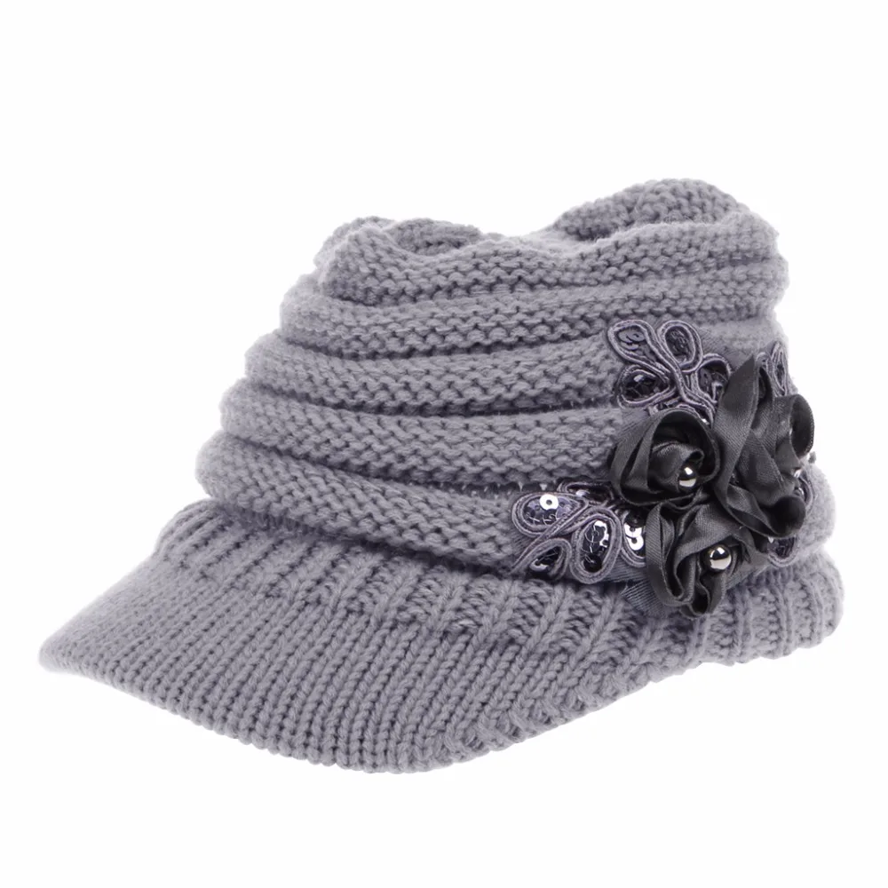 Women Knitted Hat Winter Crochet Peaked Beanie Cap Knitted Skull Cap Grey Girls Skullies Bonnet Femme SnapBack W77