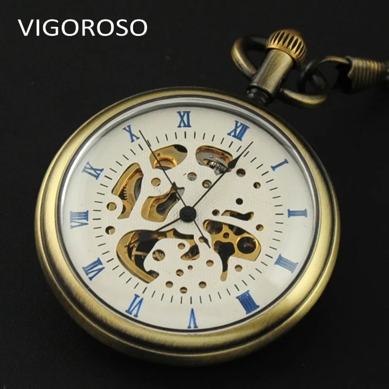 VIGOROSO 빈티지 기계식 주머니 시계 해골 청동 강철 Handwind Fob 체인 시계 남성 여성 선물
