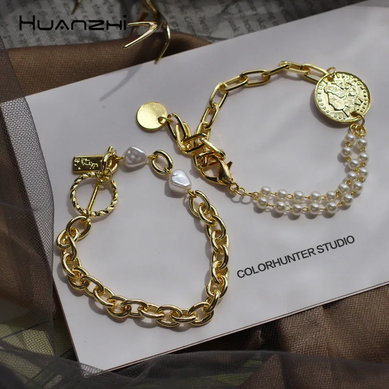 HUANZHI монета с портретом модный пресноводный жемчуг индивидуальная позолоченная грубо обработанная цепь браслет для женщин вечерние ювелирные изделия