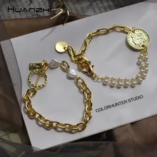 HUANZHI монета с портретом модный пресноводный жемчуг индивидуальная позолоченная грубо обработанная цепь браслет для женщин вечерние ювелирные изделия