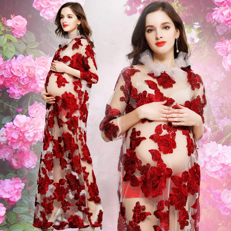 

Summer Elegant Embroidery Mesh Shooting Dress for Pregnant Women Red Flower Fairy Pregnant Women Photography Long Maternity Maxi