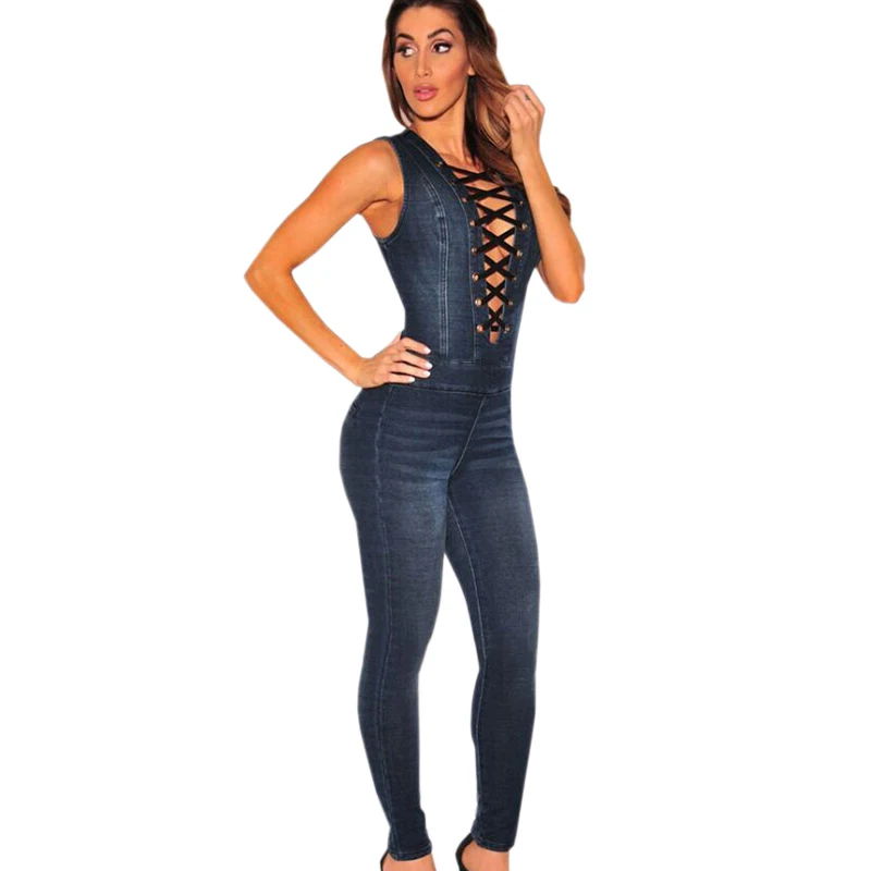 Autumn Deep V Neck Femme Rompers Casual Bandage Sleeveless Bodycon