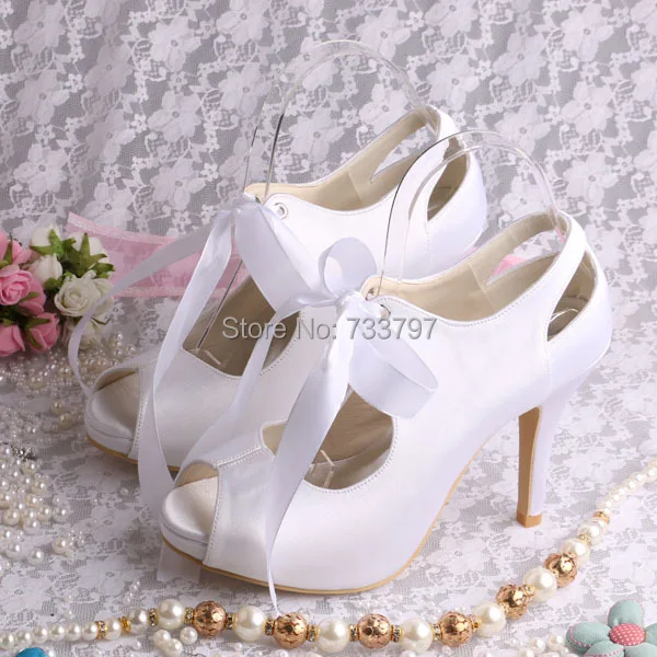 High Quality Open toe Lace up Bridal Wedding Shoes White Satin High Heeled