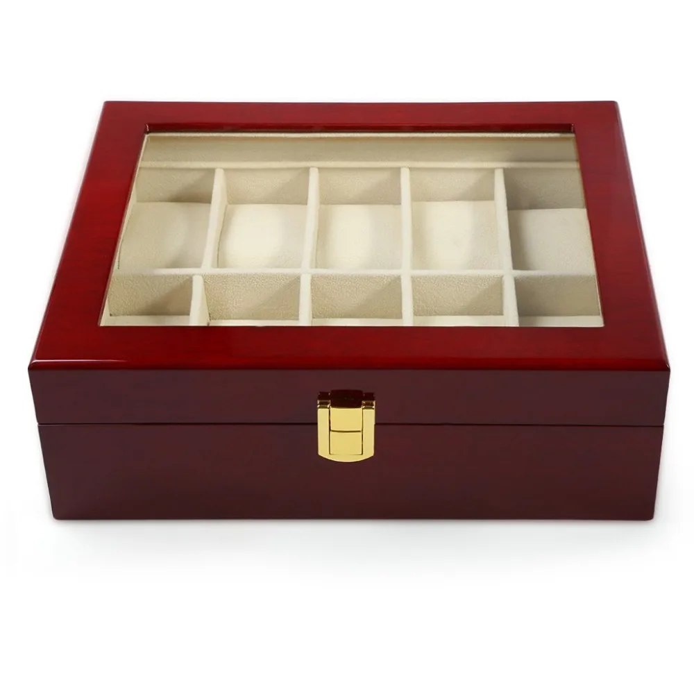 Image 10 Grids Red Wooden Watch Case Glass Cover Box Organizer