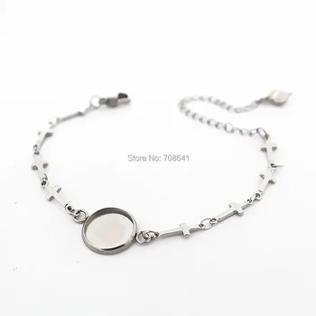 

Stainless Steel Cross Link Chain Bracelet with Round Smooth Bezel Blanks Resin Cabochons Bases Bracelet Settings DIY Findings
