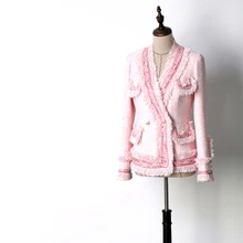 Новая женская модная элегантная Тяжелая твидовая куртка с v-образным вырезом и цепочками, с кисточками, карманами, Офисная Женская офисная верхняя одежда розового цвета JC2421