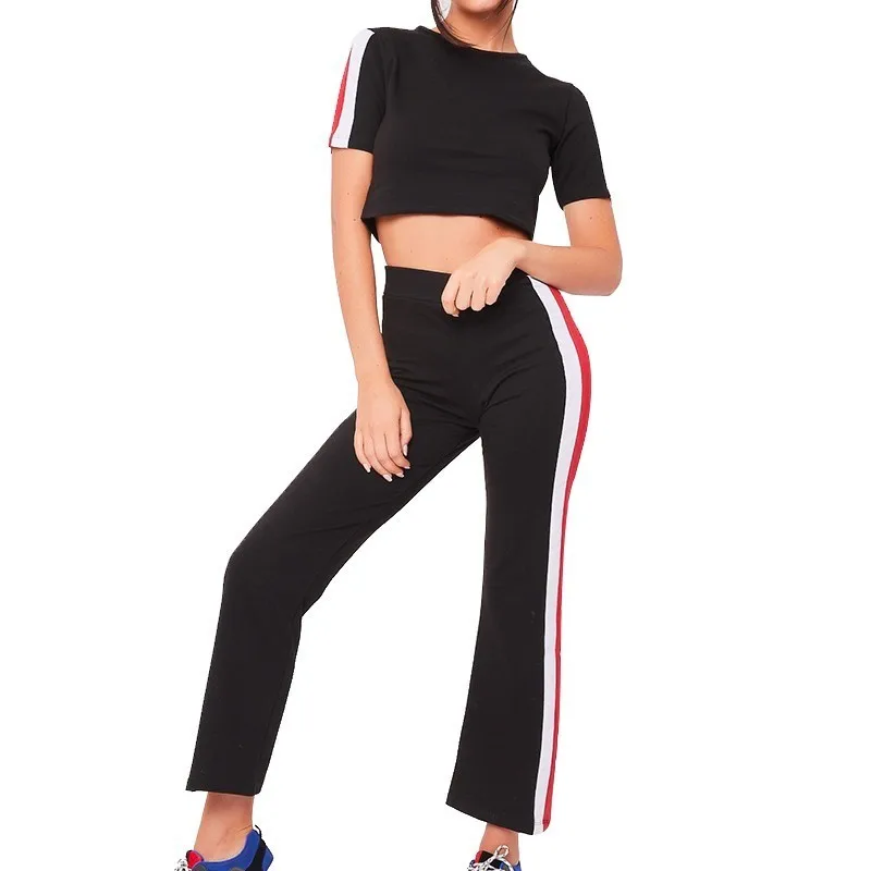 

Femme 2018 Autumn Fashion 2 Pcs Set Tracksuit Women Stripe Printed Casual O-neck Sportwear Sporting Suit Plus Size XL