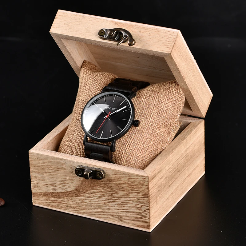 BOBO BIRD Ultra Thin Stainless Steel Watches for Men Black Quartz Wooden Watch in Gift Box relojes para hombre