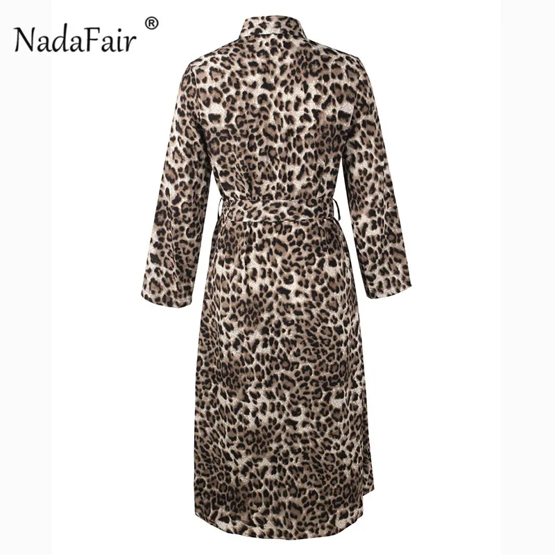 Nadafair/элегантное леопардовое Платье-туника с длинным рукавом и поясом на шнуровке, шифоновая рубашка, винтажные вечерние платья миди с животным принтом