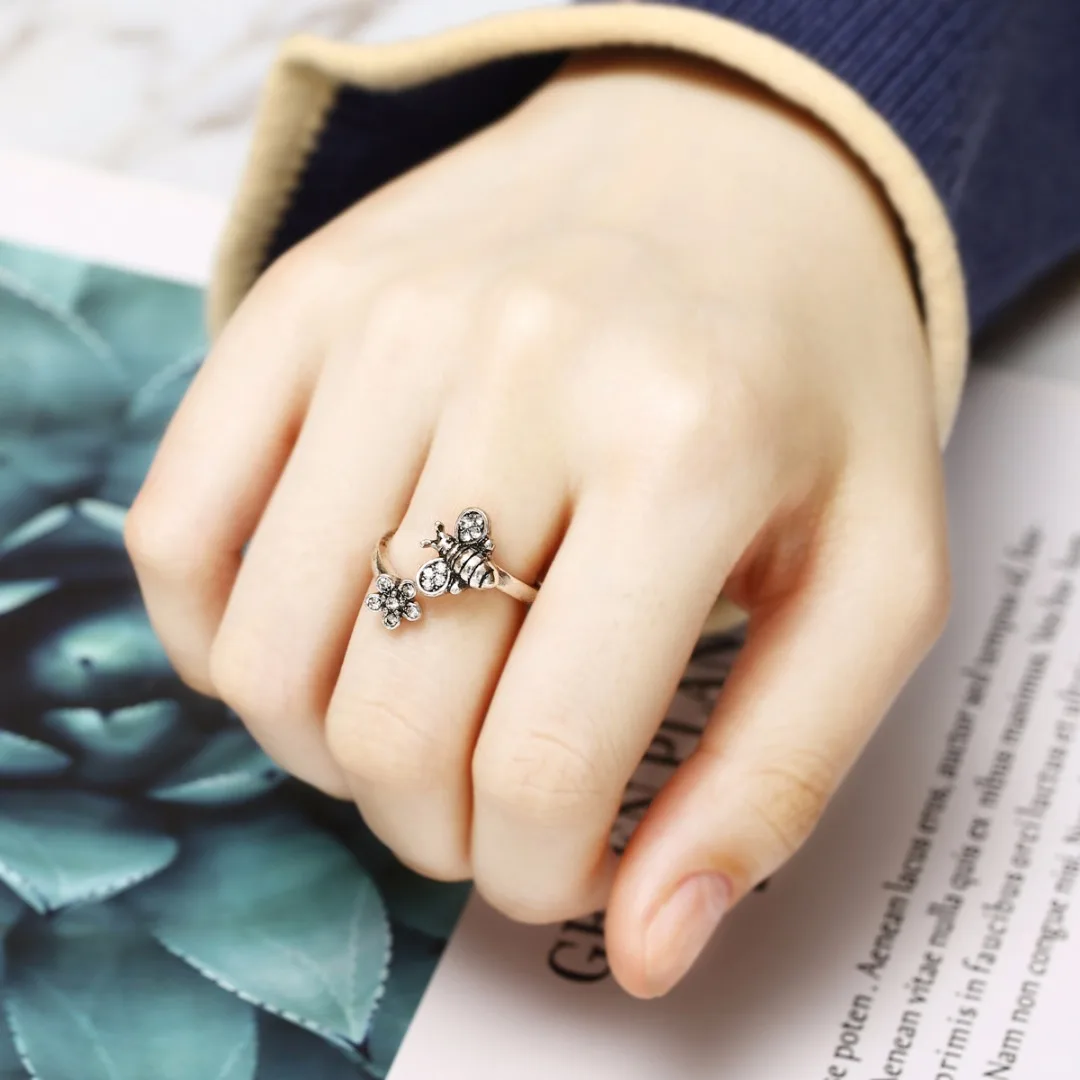 Chic Adjustable Open Ring Sexy Womens Cute Honey Bee And Flower Finger Ring Cool Elegant Jewelry For Women Shellhard