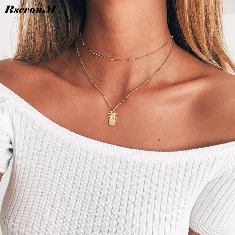 

RscvonM New fashion multi layer pineapple necklace set Simpl gold bead double chai necklace for women free shipping