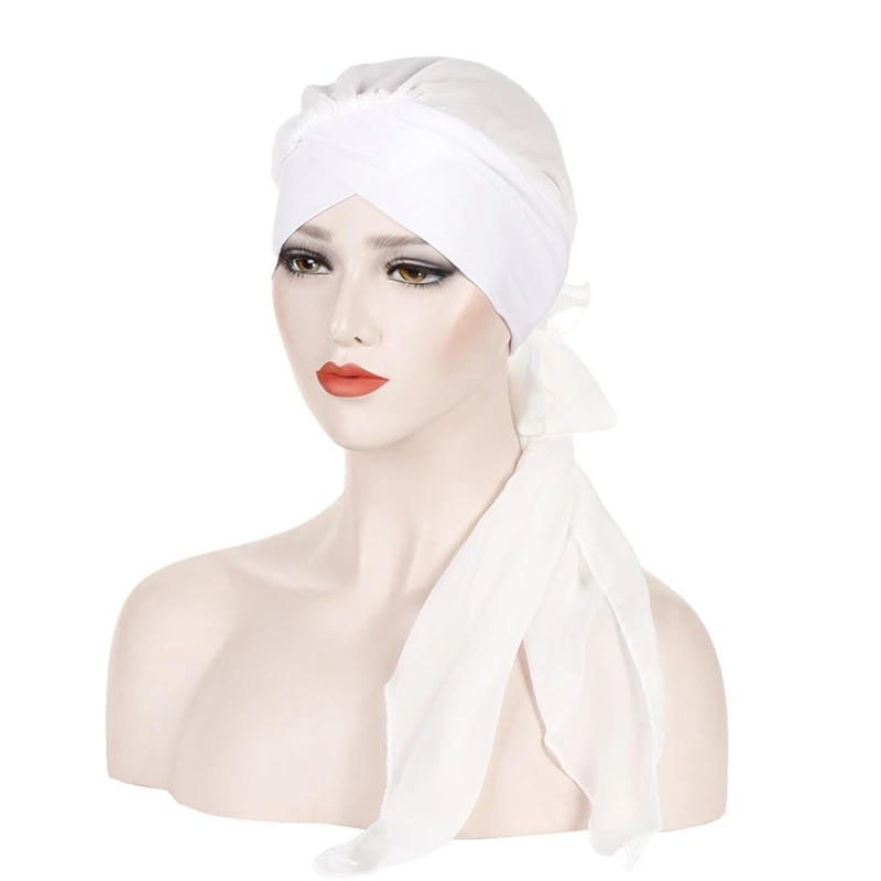 Мусульманские Женские Твердые хиджабы шапки тюрбан головной платок химиотерапия Рак шапка потеря волос шляпа длинный хвост повязка на голову с бантом широкая лента шапочка - Цвет: WT