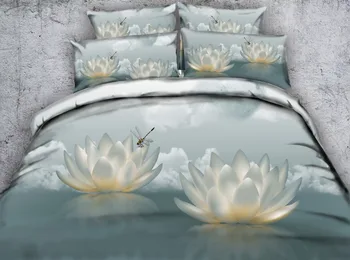 

JF-384 Holy white lotus flower and dragonfly bedsheets 3d 4pcs queen king size quilt doona duvet covers single double bed linen