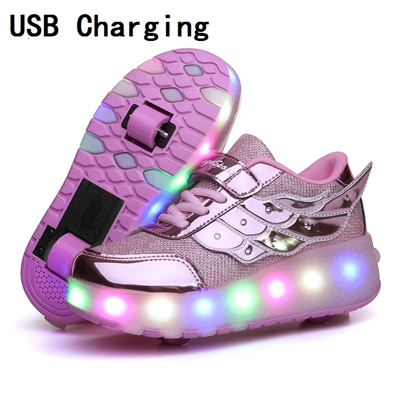 Дети один два колеса светящиеся кроссовки Золотой Розовый Светодиодный светильник роликовые коньки обувь дети Led обувь для мальчиков и девочек usb зарядка - Цвет: Two wheels USB Rose