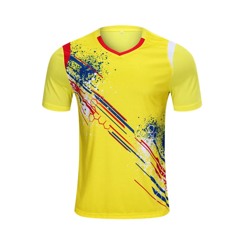 Теннисные футболки, мужская футболка для бадминтона, футболки для настольного тенниса из полиэстера, футболки для пинг-понга, униформа Волан желтого цвета S-4XL - Цвет: Only Yellow Shirt