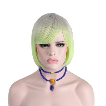 Anxin Short Bob Wig Hair Multicolored Gray Light Shine Green Hairs with Flat Bangs Ombre Synthetic High Temperature Not Human