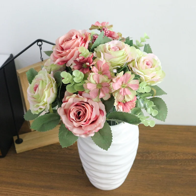 JAROWN Artificial Flowers Silk Plastic Flowers Pinecone Roses Bouquets Flower Bouquet For Wedding Home Party Decoration Decor (3)