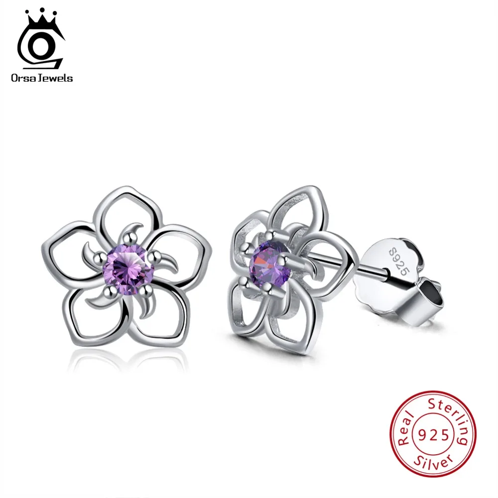 

ORSA JEWELS 925 Sterling Silver Stud Earrings Flower Shape With AAA Purple Cubic Zircon Fashion Women Earring Jewelry SE71-P