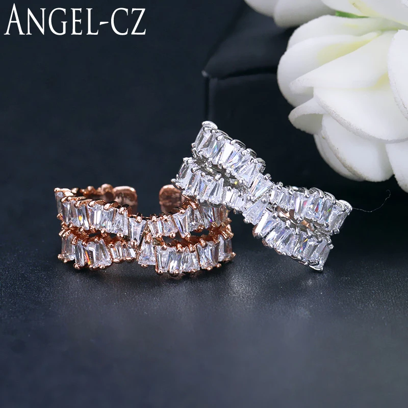 

ANGELCZ Unique Open Design Rose Gold Color Ring Pave 2 Row Rectangle White Cubic Zirconia Adjustable Woman Rings Jewelry AR038