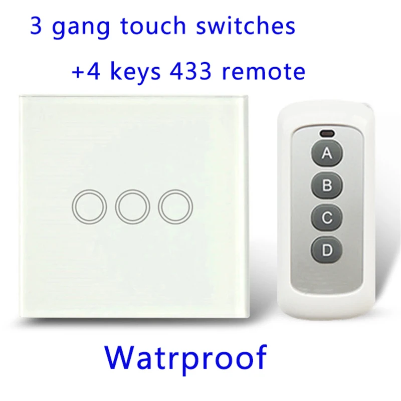 

Remote Control Touch Switches Panel Light Wall waterproof crystal glass 3 Gang 1 Way 433MHz.EU/UK standard With Pilot