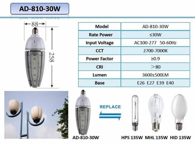 10 шт./лот 30 Вт E40 E27 E26 E39 светодиодный уличный фонарь в форме кукурузного початка светодиодные фонари для сада лампа HPS CFL замена кукурузы светодиодный лампы DHL
