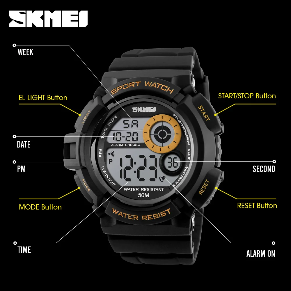 SKMEI Брендовые мужские водонепроницаемые спортивные часы мужские многофункциональные персонализированные светодиодный цифровые часы студенческие черные наручные часы с большим циферблатом