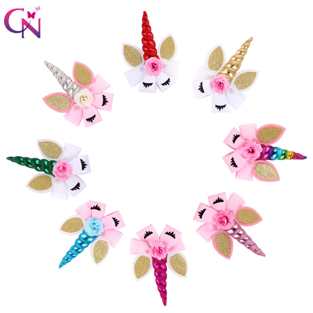 

8 Pieces/lot 8" Unicorn Hair Bows With Clips For Girls Kids Plain Ribbon Glitter Ear Flower Bows Rainbow Hair Accessories