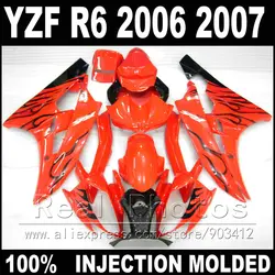 100% подходит для кузова yamaha R6 обтекатель комплект 06 07 литья под давлением черный пламя в красном цвете 2006 2007 YZF R6 обтекатели
