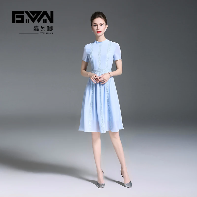 ligne Et Décoration Clair Manches Courtes De Style Bureau Montant Mousseline À Soirée Soie Robes Gyalwana Dame Col A Nouveau Dentelle En Bleu Robe qwAvxR7