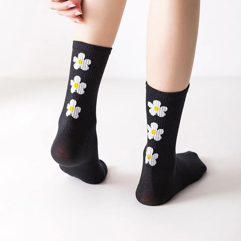 Новые хлопковые носки с цветочным рисунком для женщин Harajuku Sunflower Happy socks высокие носки с круглым вырезом повседневные Черные цветной Носок Чулочно-носочные изделия для женщин