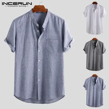 

INCERUN Summer Striped Shirt Men Vintage Stand Collar Casual Short Sleeve Breathable Beach Brand Shirts Men Harajuku Camisa 2020