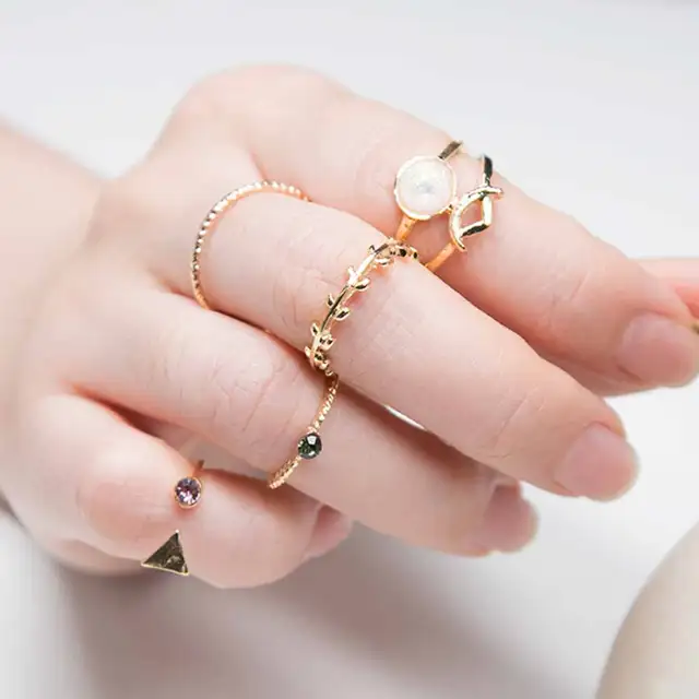 FAMSHIN 5PCS /Set Ring Charm Pink Crystal artificial Stone Geometric Triangular FAMSHIN 5PCS /Set Ring Charm Pink Crystal artificial Stone Geometric Triangular