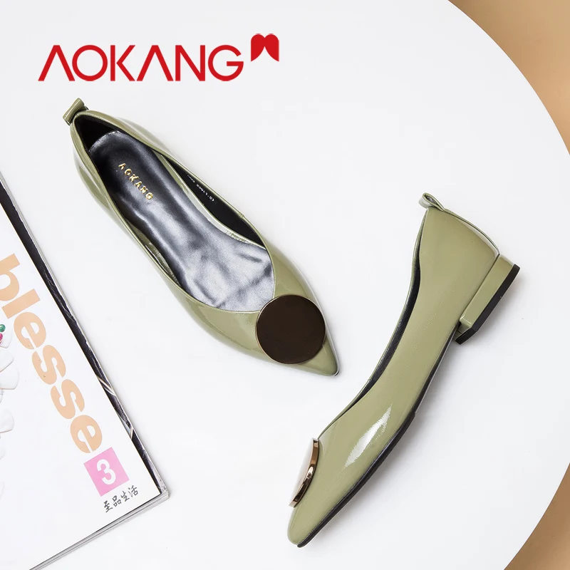 

AOKANG summer new women's shoes flat Loafers shoes pointed toe Patent Leather shallow mouth Buckle flat woman shoes Zapatos Muje