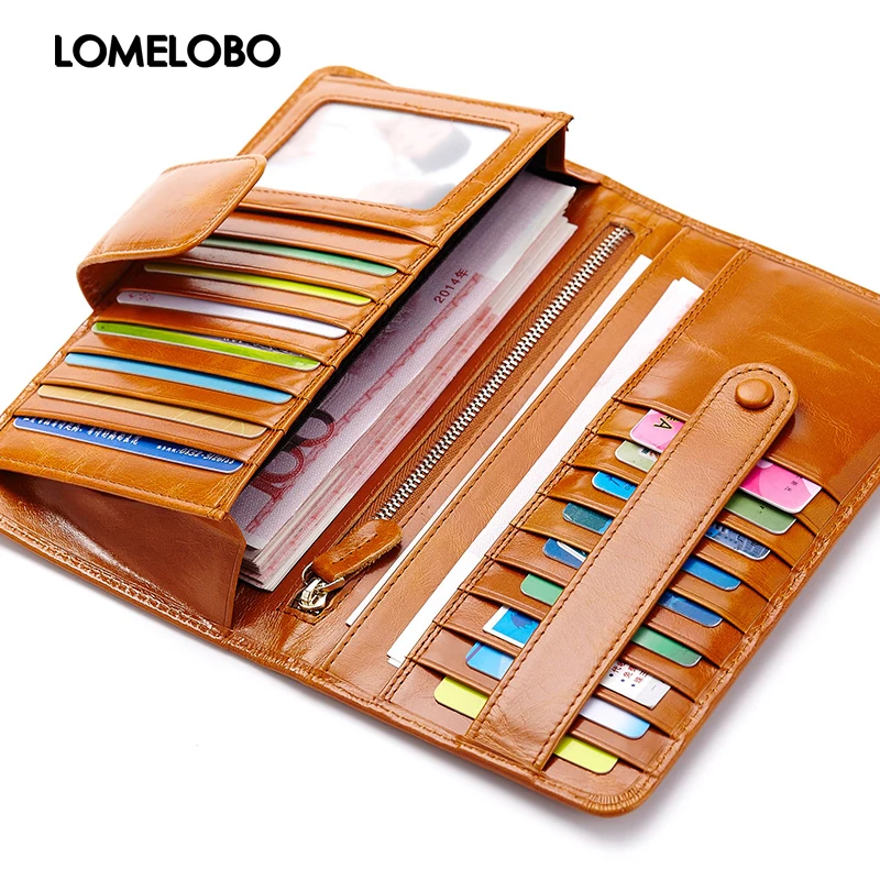 

Lomelobo Luxury Oil Wax cowhide wallets women's genuine leather long Vintage wallets buckle Credit card coin purses HPL3314