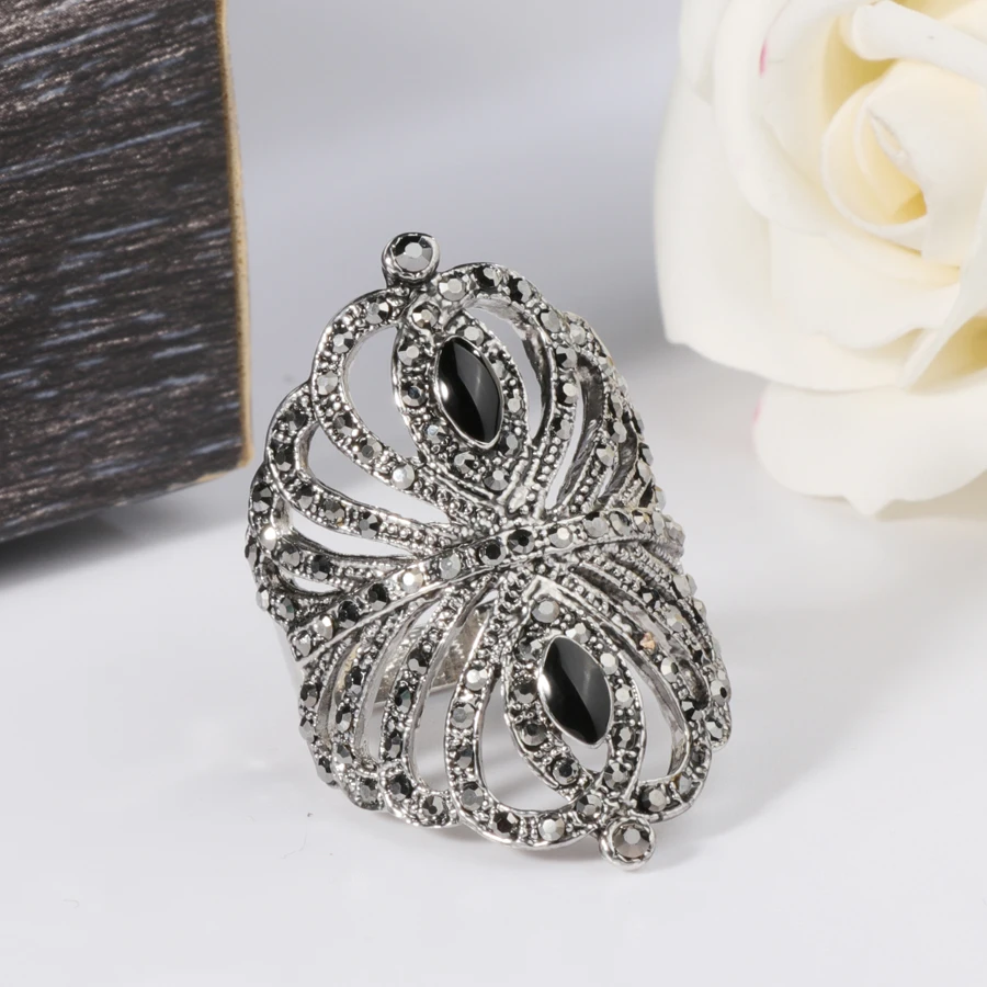 Kinel модное дамское кольцо с черной эмалью винтажные Свадебные ювелирные изделия полые серые с кристаллами в богемном стиле древние серебряные кольца для женщин