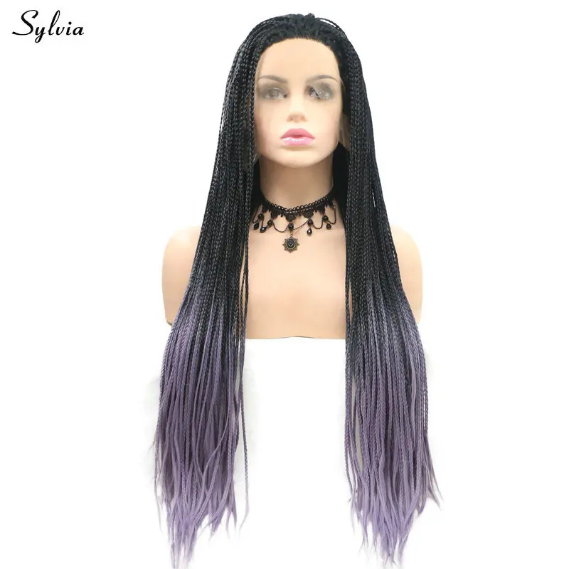 Sylvia Braided Box Braids Wig Black Roots Ombre Purple Red Grey Synthetic Lace Front Wigs For Women Long Afro Party Cosplay Hair | Шиньоны и
