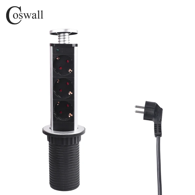 

COSWALL 16A PULL POP UP 3 Power Socket Kitchen Table Desktop Sockets Retractable Worktop EU Outlet With Child Protective Lock