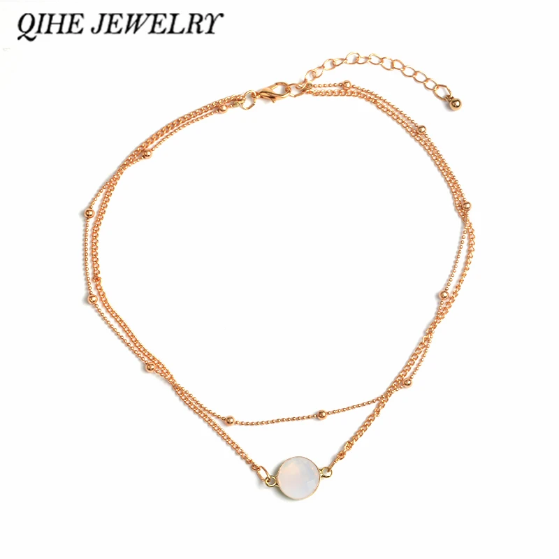 QIHE JÓIAS Elegante Contas Cadeia Dupla Cadeia Simulado Opala Natural Pedra Gargantilha Colar de Jóias Delicadas Para As Mulheres