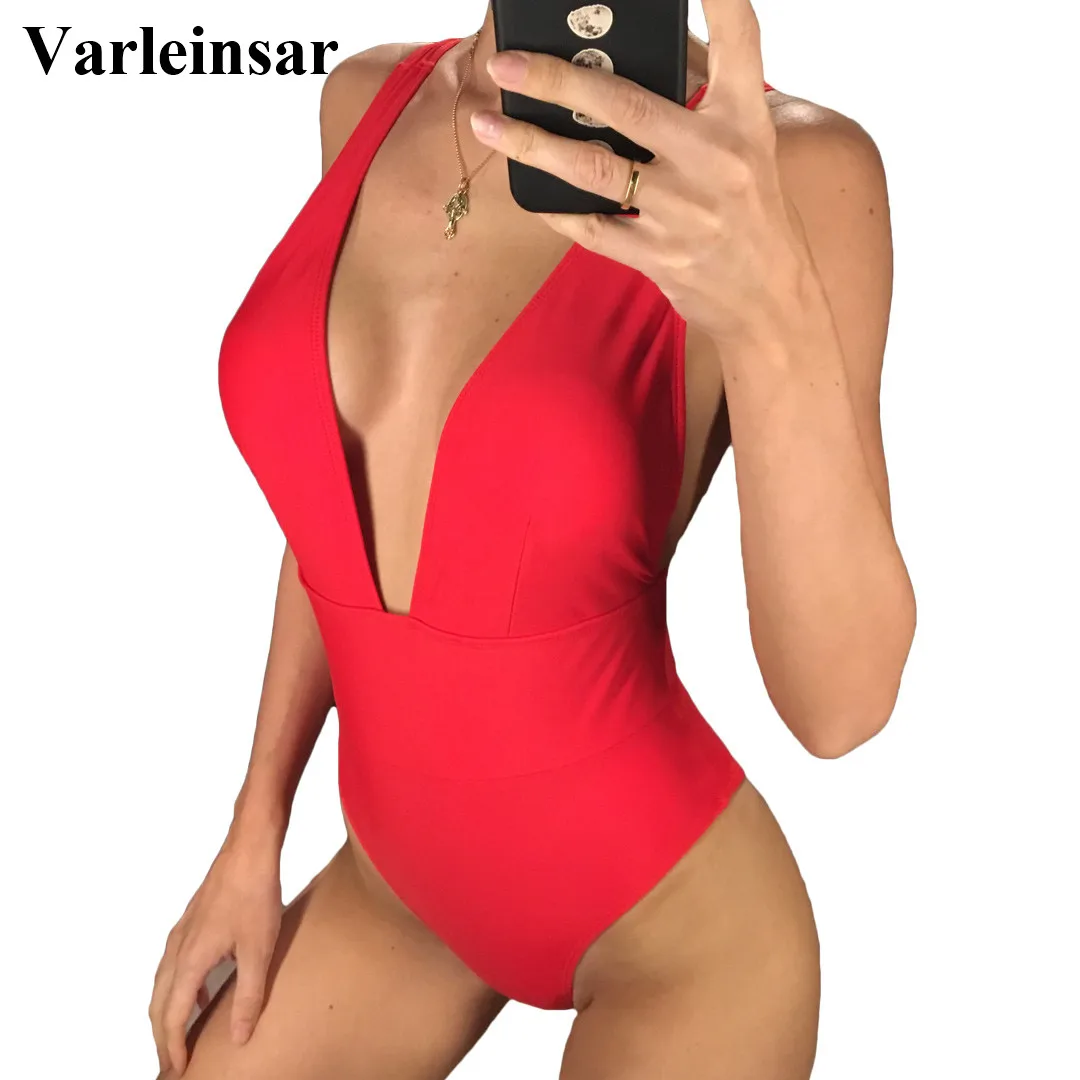 

Red Black White 2019 Women Swimwear Deep V Neck One Piece Swimsuit Female Bather High Waist Bathing Suit Swim Wear Lady V1035