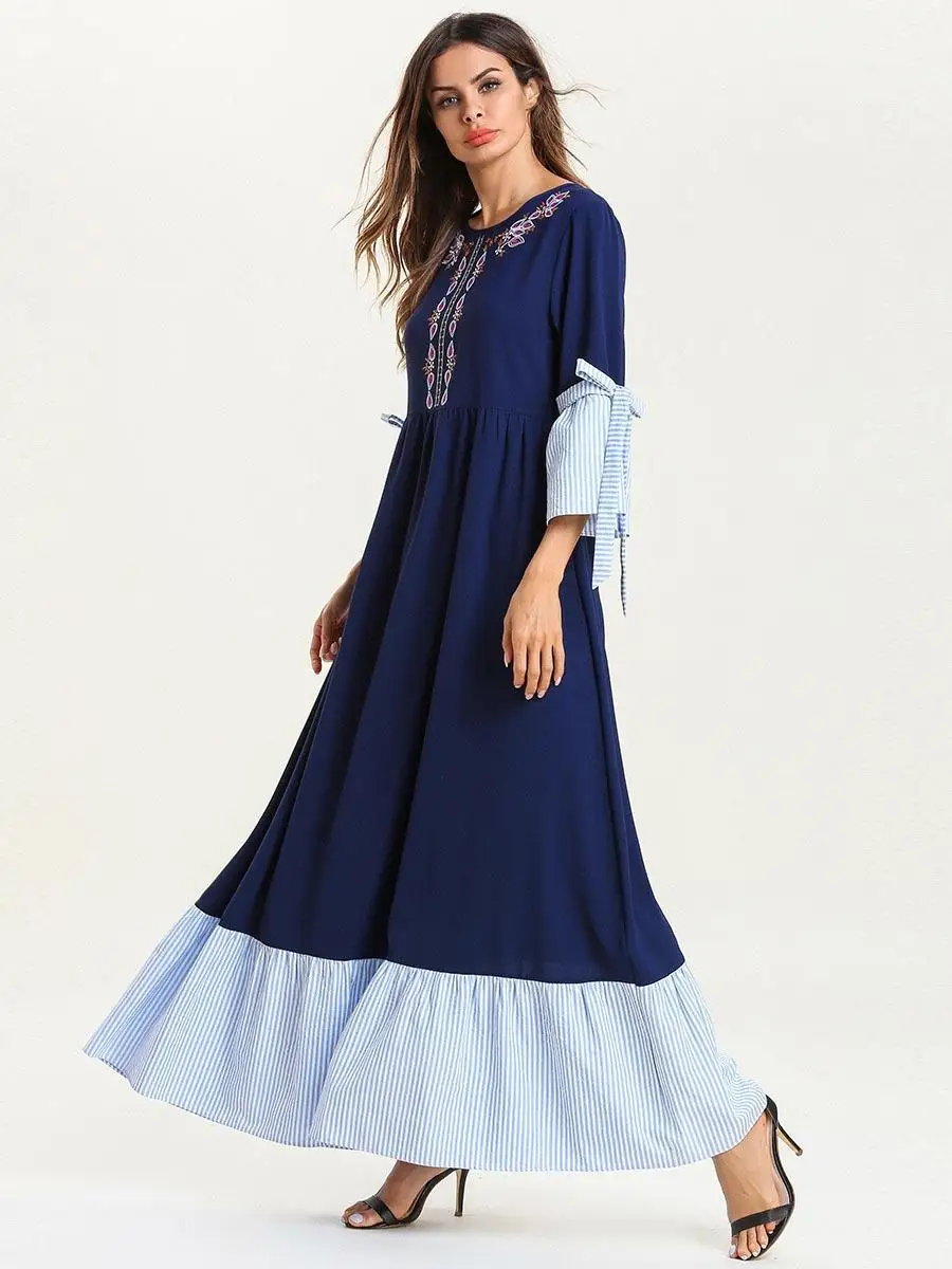 Плюс размер элегантное лоскутное длинное платье в полоску для женщин с круглым вырезом и длинным рукавом Макси платья тонкая
