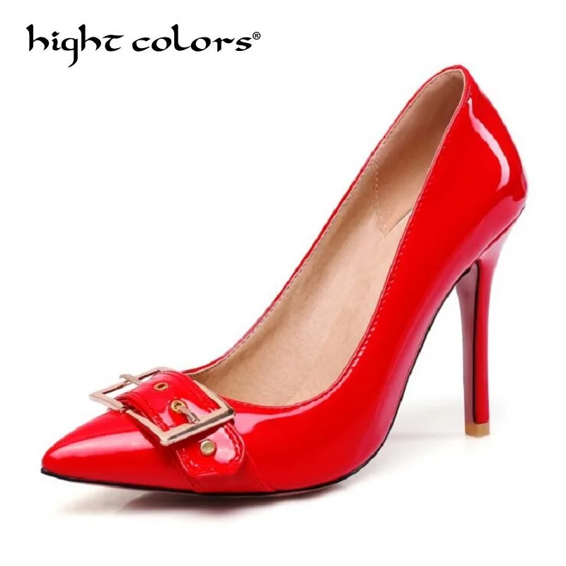 Sexy Pointed Belt Buckle Patent Leather High-Heeled Shoes Red Black Pumps For Women Stiletto Thin Heel Shoes Zapatos Feminina 