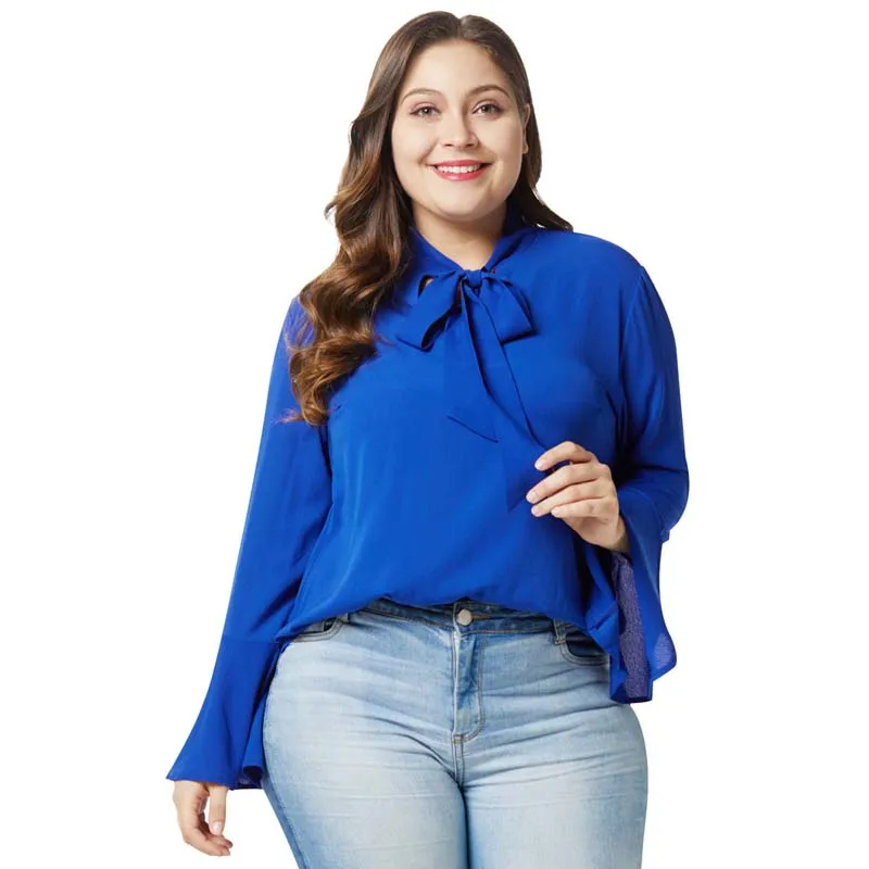 WHZHM осень лук шифон офис плюс Размеры 3XL 4XL Для женщин Блузка Дамы Полный Flare