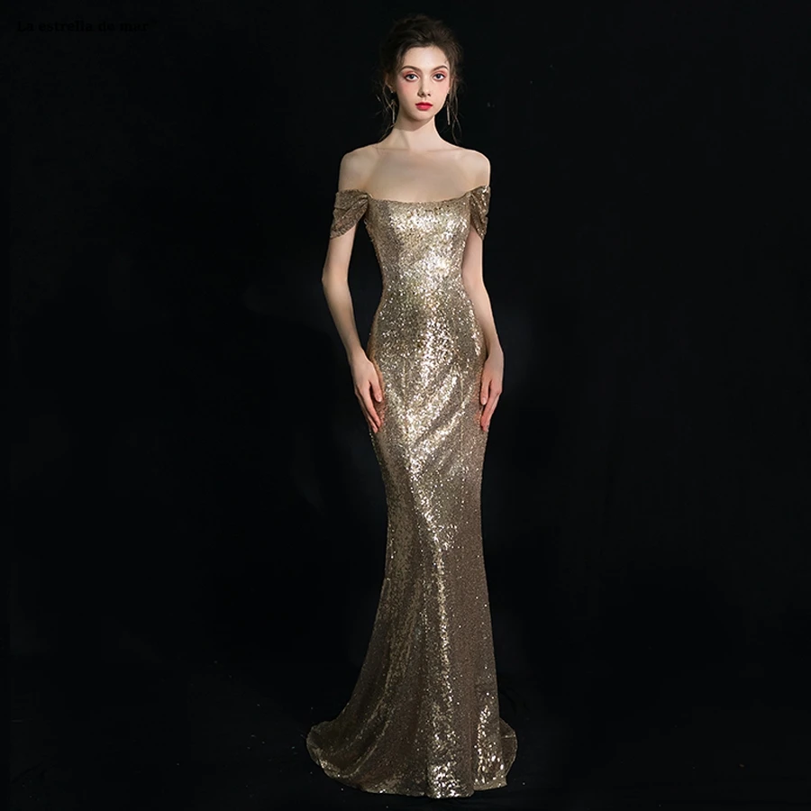 

Vestido formatura 2019 new Boat Neck short sleeve sexy mermaid champagne gold sequins prom dress long plus size gala jurken