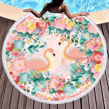 

Boho Beach Towels Printed Pink Flamingo Beach Towel Microfiber Round Fabric Bath Towels For Living Room Home Decorative