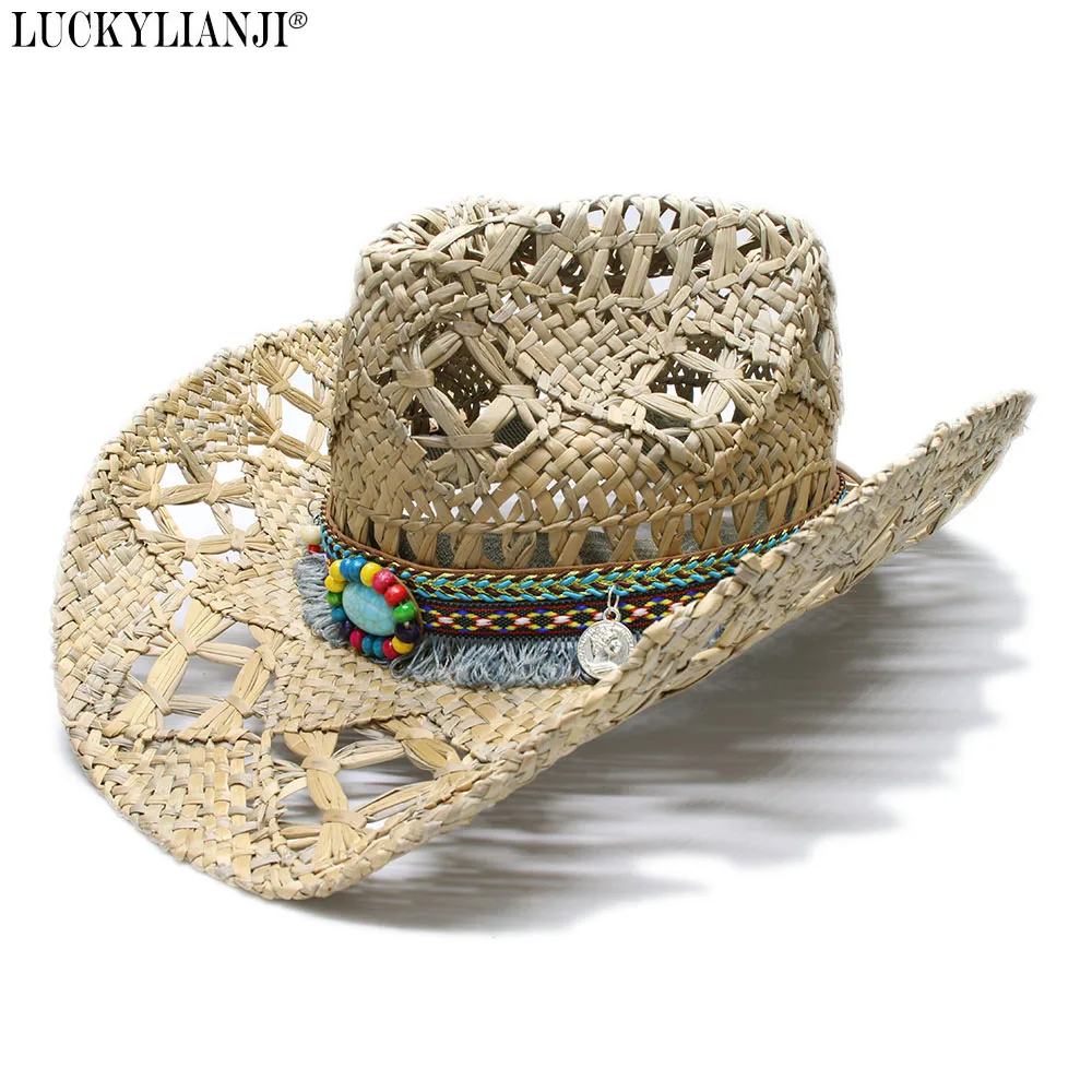 

LUCKYLIANJI Women's Men's Vintage Wide Brim Straw Sun Beach Cowboy Cowgirl Western Hat Ethnic Style Turquoise Braid Band (58cm)