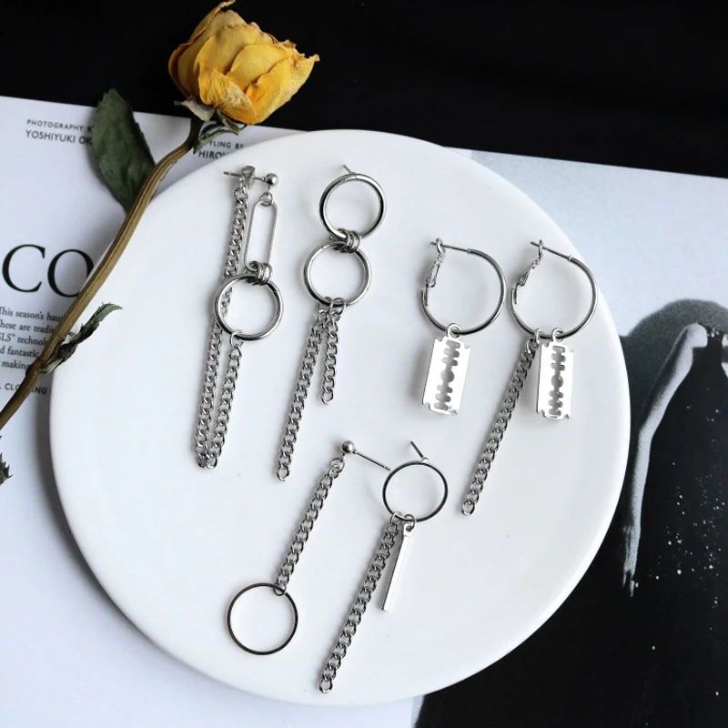 6 Pairs Per Set Earrings Safety Pin Geometry Chain Drop Earrings Women Vintage Long Chain Earrings Men Korean Fashion Jewelry