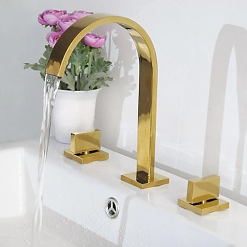 Luxury Bathroom Dual Handles Waterfall Basin Sink Faucet Gold-plate Widespread Basin Mixer Taps