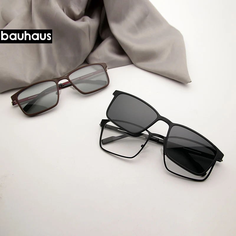 Goedkoop Bauhaus Magneet Zonnebril Clip op metalen optische frame Mannen Gepolariseerde Aangepaste Recept Bijziendheid