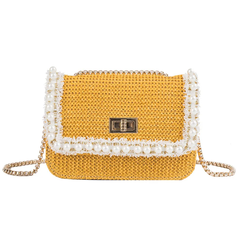 

Fashion Korea Chain Crossbody Bags For Women 2019 Pearl Casual Straw Shopping Bag Handbags Yellow Woven Casual Ladies Hand Bags